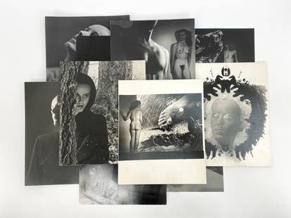 (22) CIRCA 1940S SURREALIST PHOTOGRAPHS: 22 photographs mounted back-to-back (Double sided). Photographer unknown, from NYC area. Original black and white photographs including, super imposed images. Dimensions: (Largest) H 12" x W 10" Condi