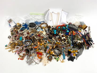LARGE GROUPING OF COSTUME & DEMIFINE JEWELRY: Including a 14k yellow gold and rutilated quartz beaded necklace, Tiffany & Company sterling and gold bangle, signed pieces by Tiffany & Company, Ferragamo, Kate Spade, Georg Jensen, Kenneth Jay Lane,