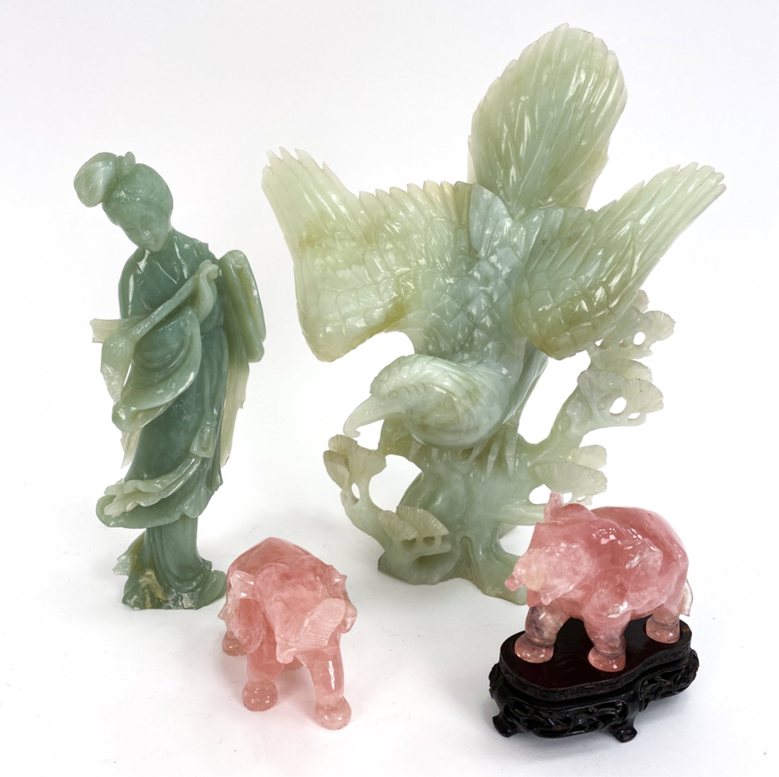 GROUPING OF CHINESE CARVED HARDSTONE, AS IS: 4 vintage carved figures. Dimensions: (Largest) H 10.5 " x W 9" x D 5" Condition: Bird with breaks to feathers. Breaks throughout.