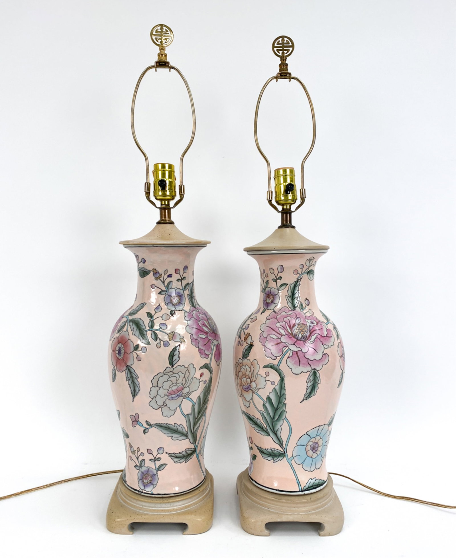 PAIR OF CONTEMPORARY CHINOISERIE LAMPS: Two Chinese vases on faux wood stands. Dimensions: (To finial) H 29" x Dia 7" Condition: Untested. Slight handling wear.