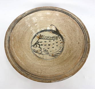 15/16TH C. SOUTHEAST ASIAN FISH BOWL: Early blue paint under glaze, slight celadon over glaze. Dimensions: H 3" x D 9.5" Condition: Few rim chips. Few glaze flaws and losses.
