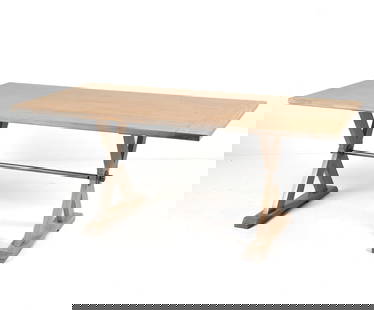 FARMHOUSE MODERN DINING TABLE: Modern dining table in whitewashed finish, with trestle x-base connected by an industrial pipe stretcher. Apparently unsigned; contemporary. Dimensions: H 30" x W 72" x D 36" Condition: In very good u