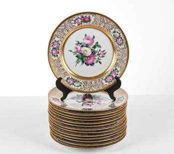 (14) BAVARIAN FLORAL GILT PORCELAIN DINNER PLATES: Dimensions: Dia. 11" Condition: A few knife marks and rubs; no signs of chips, cracks, or repairs.