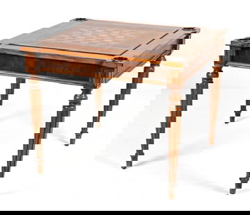 INLAID WOOD GAMES TABLE: Contemporary 20th c. Dimensions: H 30" x W 36" x D 36" Condition: Light wear consistent with age and use.