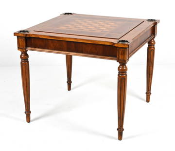 INLAID WOOD GAMES TABLE: Contemporary 20th c. Dimensions: H 30" x W 36" x D 36" Condition: Light wear consistent with age and use.