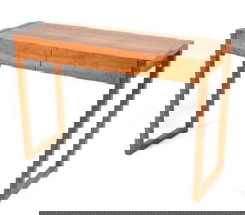 CONTEMPORARY NATURAL WOOD CONSOLE TABLE: Apparently unsigned. Dimensions: H 34.25" x W 50" x D 18" Condition: A few dings and scuffs; light wear consistent with age and use.