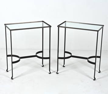 PAIR OF CONTEMPORARY STEEL & GLASS END TABLES: Dimensions: H 25.25" x W 20.25" x D 11.5" Condition: Light wear consistent with age and use.