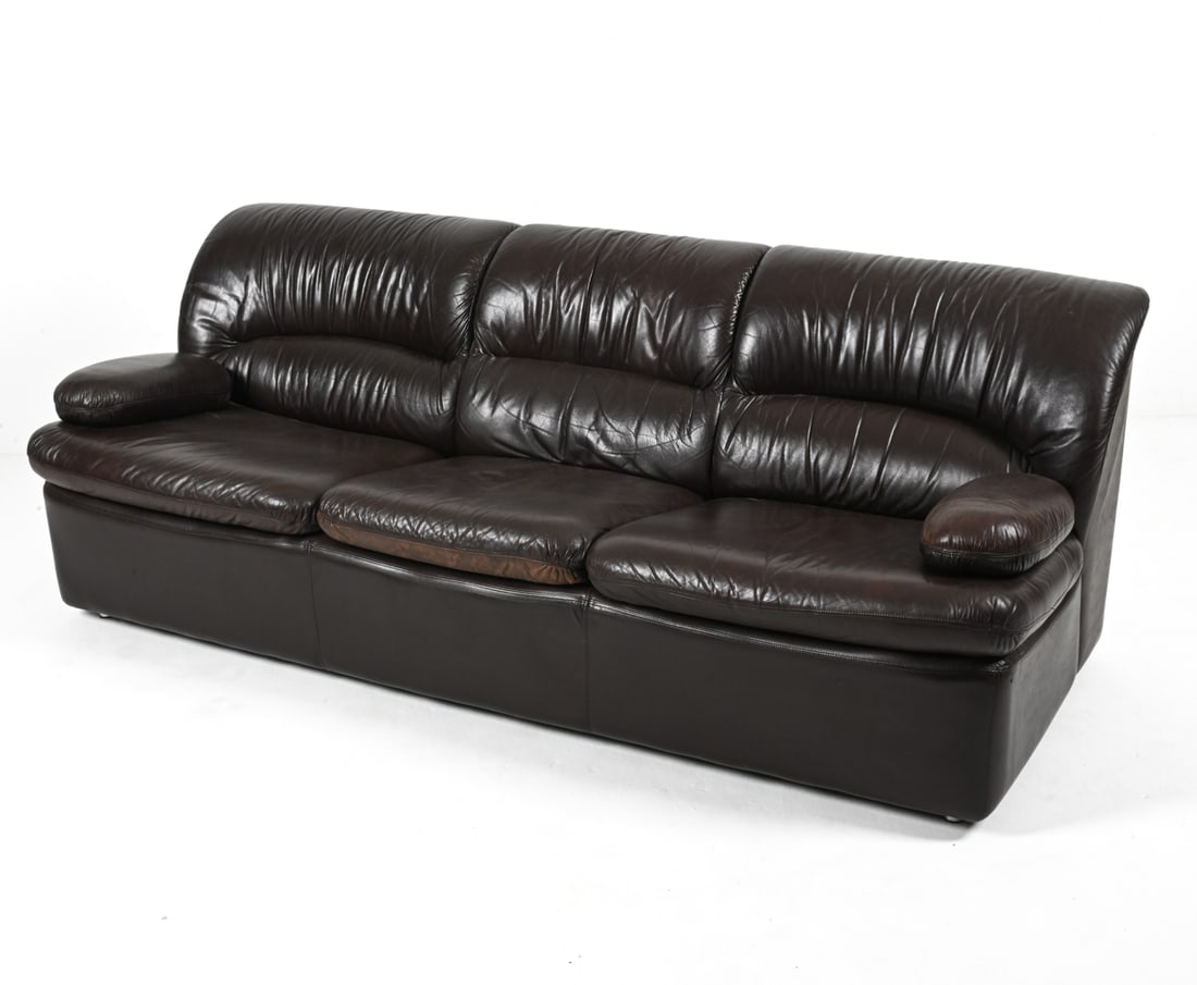 DE SEDE-STYLE GERMAN LEATHER SOFA: Late 20th Century. Dimensions: H 30" x W 80.5" x D 34" x SH 19" Condition: In excellent vintage condition overall; minimal patina and very little surface wear (a few light scuffs and rubs) to leather.