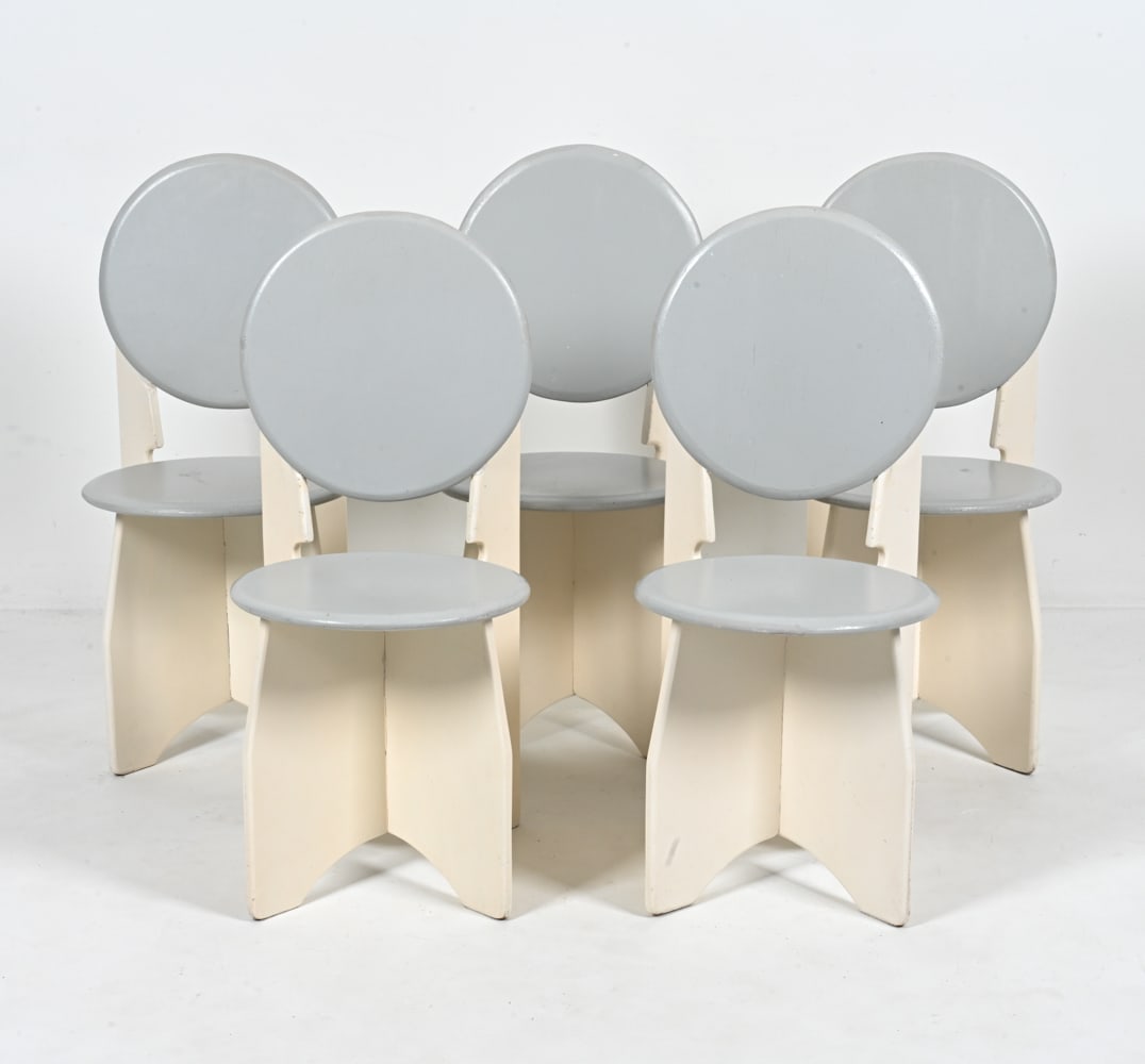 (5) DUTCH MODERNIST AVANT GARDE DINING CHAIRS: Finished in gray and off-white paint. C. 1970's. Dimensions: H 36.25" x W 16" x D 19" x SH 18" Condition: Paint may not be original. Scattered dings and scuffs, a few cracks and losses to paint. Wear 