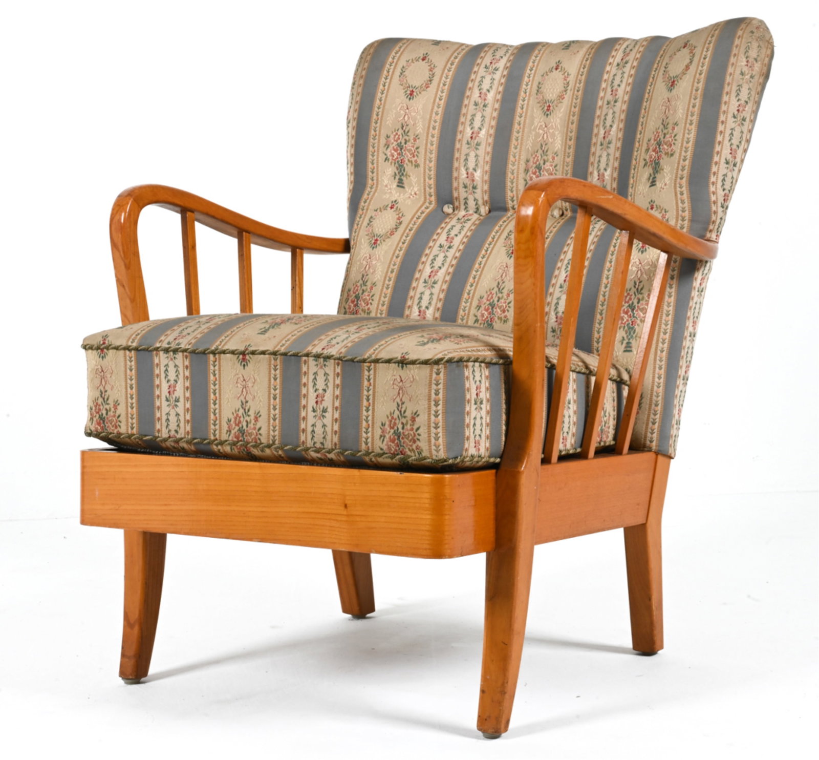 ALFRED CHRISTENSEN-STYLE LOUNGE CHAIR, C. 1950S: Dimensions: H 32" x W 25.5" x D 31" x SH 17" Condition: Some discoloration and soiling to fabric; a few dings and scuffs to frame. One small loss to wood of finger joinery under left handrest. PC048