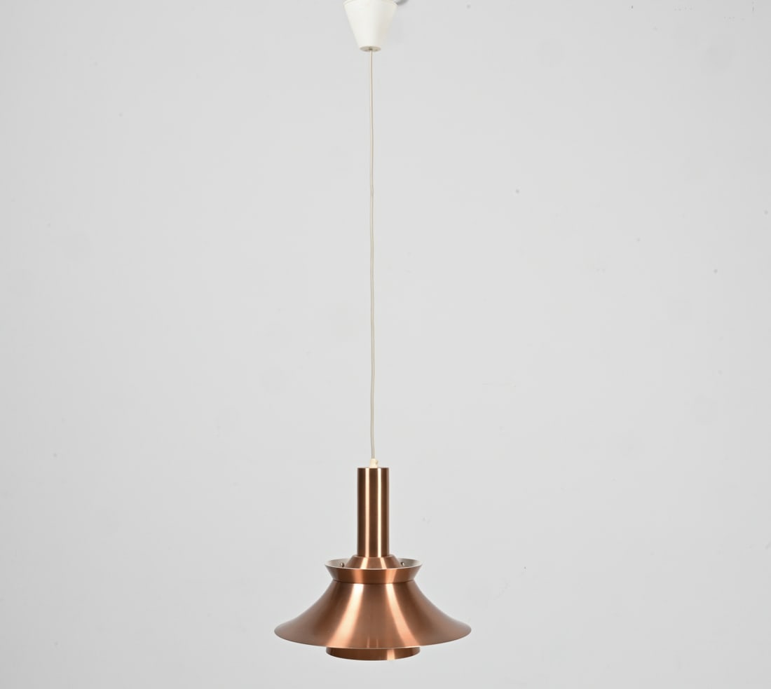 DANISH COPPERTONE PENDANT LIGHT FIXTURE, C. 1970'S: Attributed to Lyfa. Dimensions: (pendant) H 13" x Dia. 14" Condition: Showing very light signs of wear. Not tested. PC166