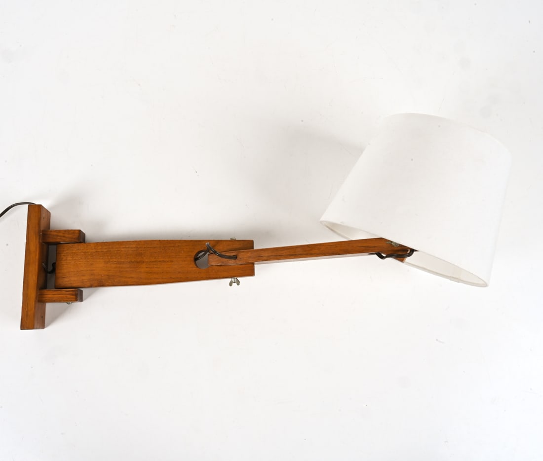 DUTCH MODERN ARTICULATED-ARM SCONCE: Dimensions:H 14" x W (extended) 27" x D 9.5" Condition: Wiring not tested. Light wear consistent with age and use. PC152
