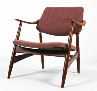 LOUIS VAN TEEFFELEN FOR WEBE TEAK ARMCHAIR: Rare Mid-Century lounge chair in teak, designed by Louis Van Teeffelen for WeBe, Netherlands, c. 1950's. Recently reupholstered in mauve microfiber velvet. Dimensions: H 29" x W 25" x D 24.5" x SH 19.