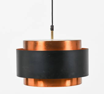 JO HAMMERBORG FOG & MORUP "SATURN" PENDANT LIGHT: Danish, c. 1960's-1970's. Dimensions: (Pendant only) H 10" x Dia. 12" Condition: Wiring not tested. Some pitting to copper finish; a few light scuffs to enamel. PC110