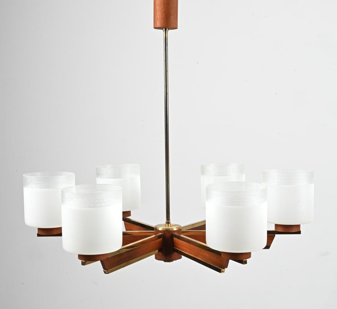 DANISH MID-CENTURY TEAK, BRASS & GLASS CHANDELIER (1 of 12)