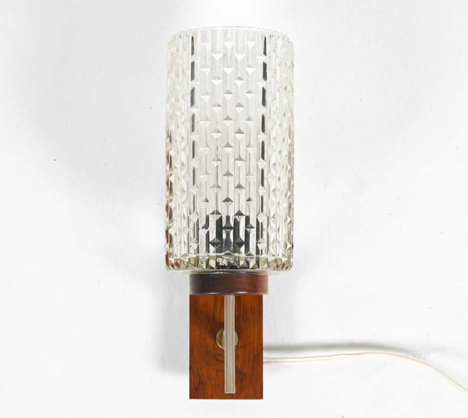 DUTCH ROSEWOOD & PRESSED GLASS SCONCE, C. 1970'S: Dimensions: H 11.5" x W 4" x D 6" Condition: European plug; wiring not tested - will require rewiring or adapter for use in the U.S. In very good vintage condition overall; natural patination to metal