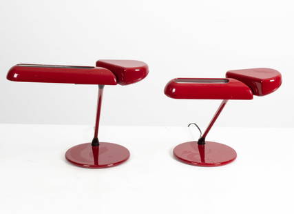 (2) BRUNO GECCHELIN FOR ARTELUCE RING A 400 LAMPS: (2) Postmodern "Ring A 400" desk or table lamps in red lacquered metal, designed by Bruno Gecchelin for Arteluce c. 1979. Slightly different models - one shade is slightly larger, with perforated meta