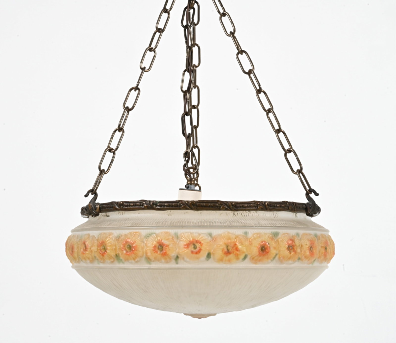 REVERSE-PAINTED GLASS INVERTED DOME CHANDELIER: C. 1920's-1930's. Dimensions: H (to canopy) 23" x Dia. 16" Condition: Wiring not tested. Presents very well overall; no chips or cracks to glass; natural patination to metal.