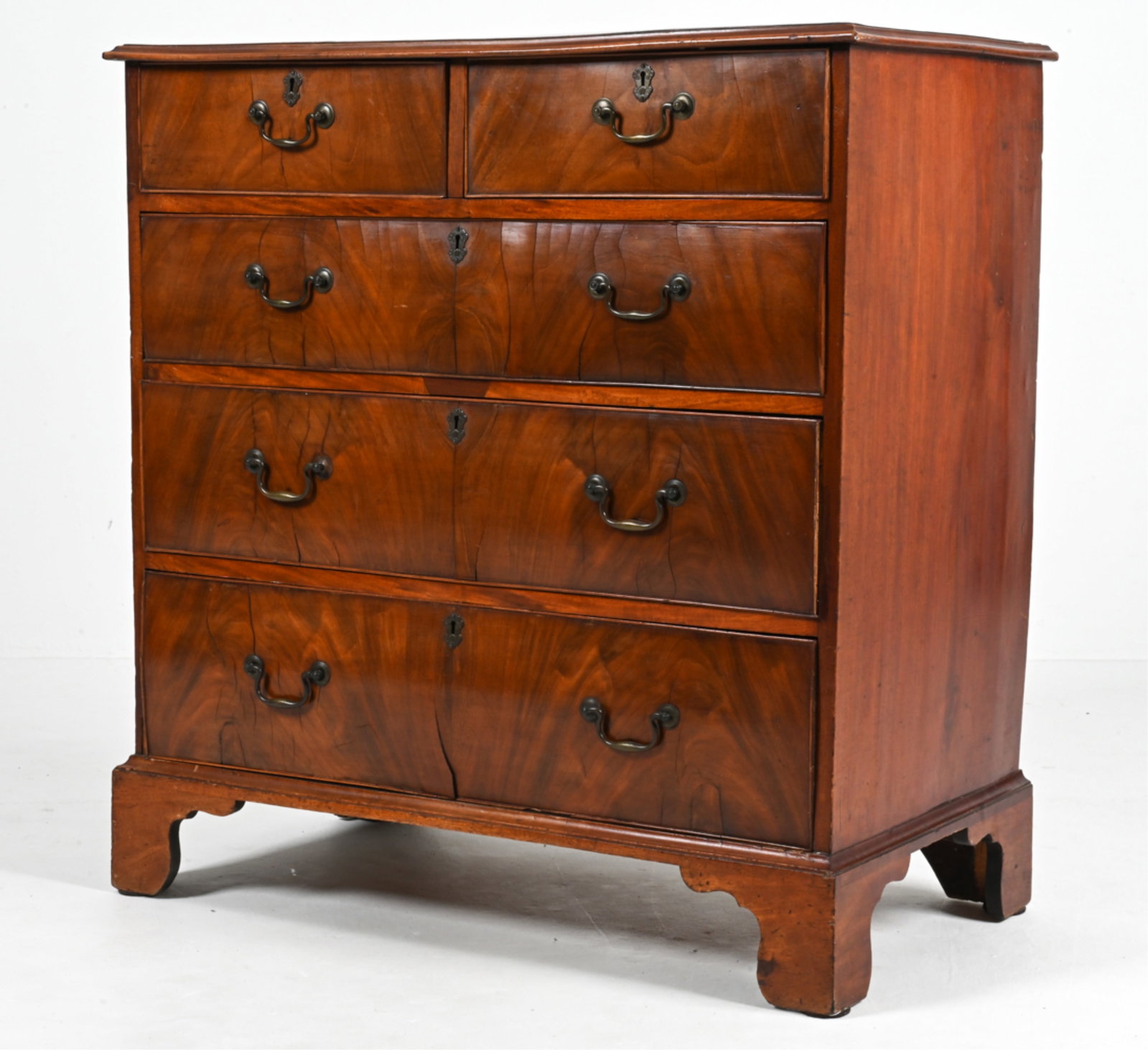 19TH C. GEORGIAN MAHOGANY CHEST OF DRAWERS: Dimensions: H 40" x W 38.5" x D 20.25" Condition: Missing key. Bowing and separation to drawer fronts; cracking and losses to veneer, losses to molding on drawers. A few stress cracks to top. Antique 