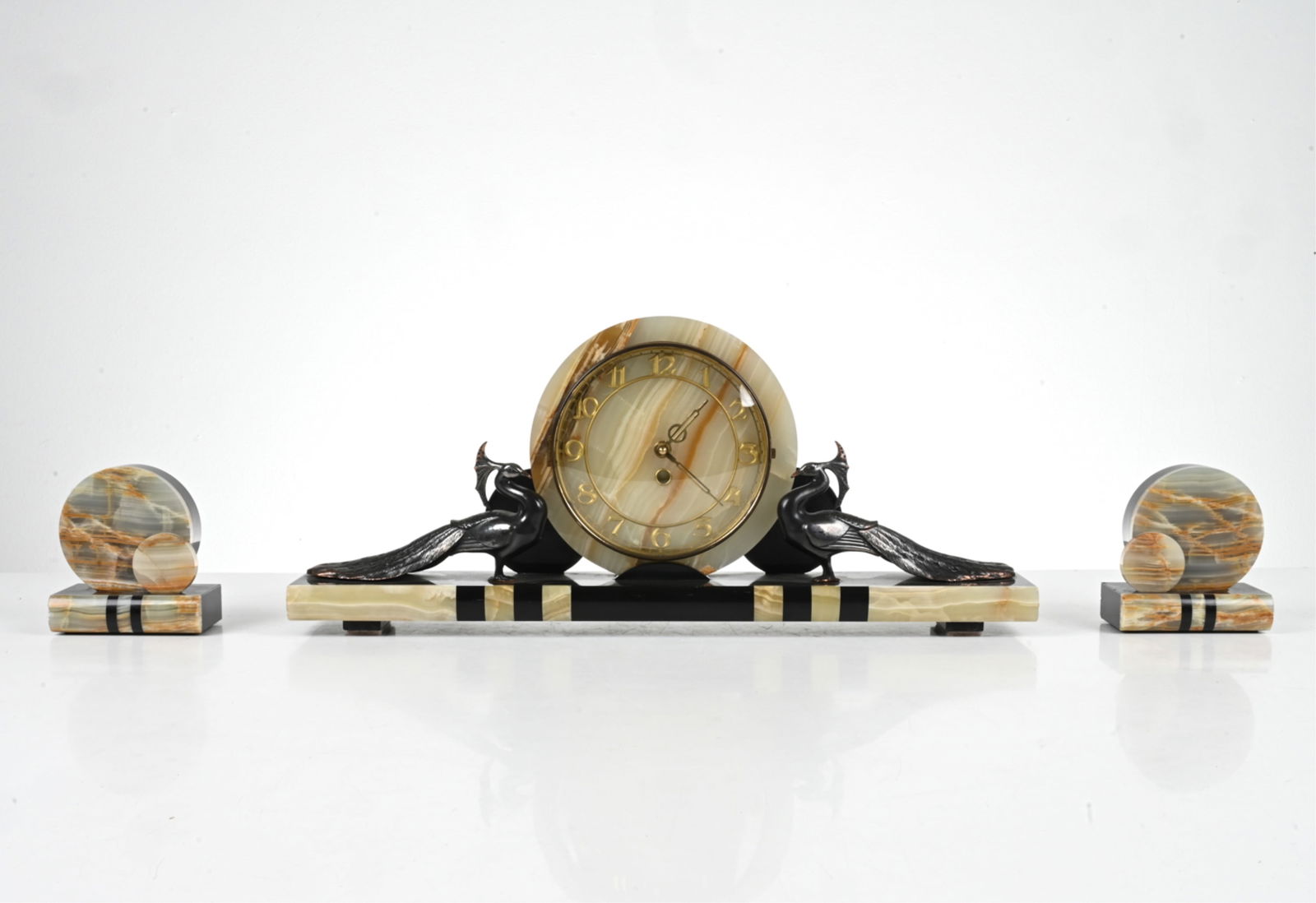 ART DECO STYLE ONYX & MARBLE CLOCK GARNITURE SET (1 of 20)