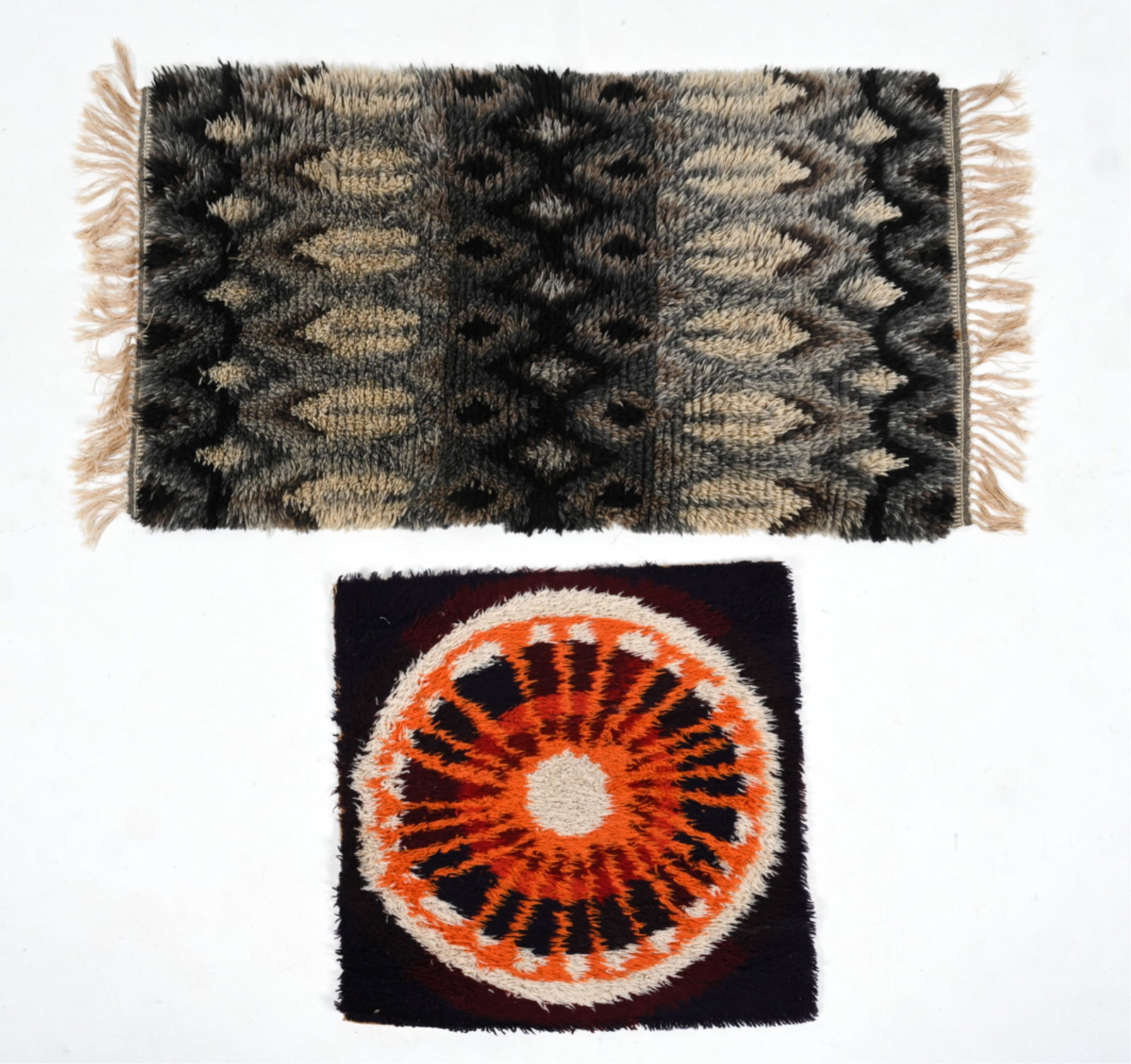 (2) SCANDINAVIAN MID-CENTURY RYA TAPESTERY RUGS: Dimensions: (Larger) L (with fringe) 59" x W 30" Condition: Minor soiling, light fraying to edges. Colors bright.