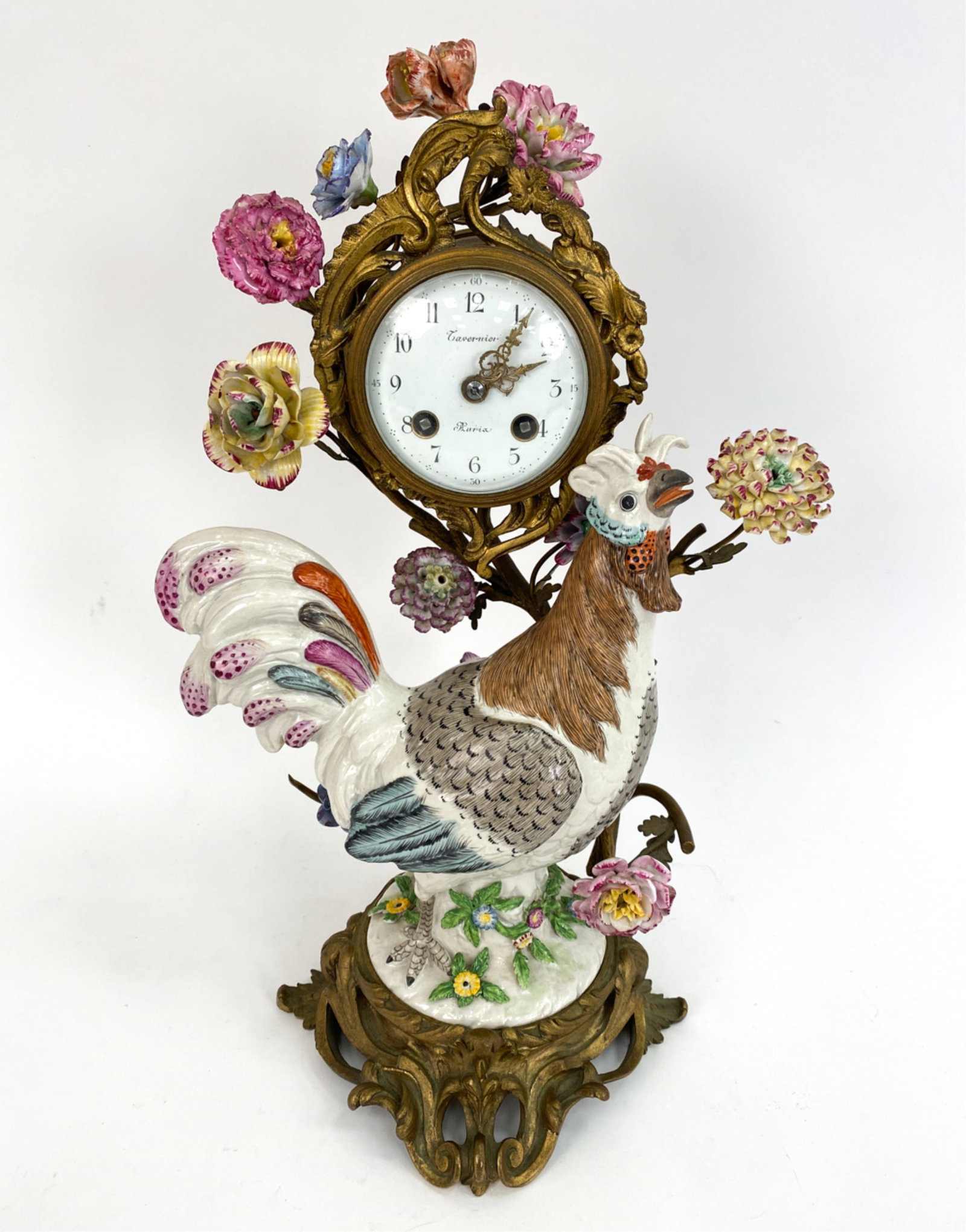 ATTR. MEISSEN PORCELAIN COCKEREL ORMOLU CLOCK (1 of 15)