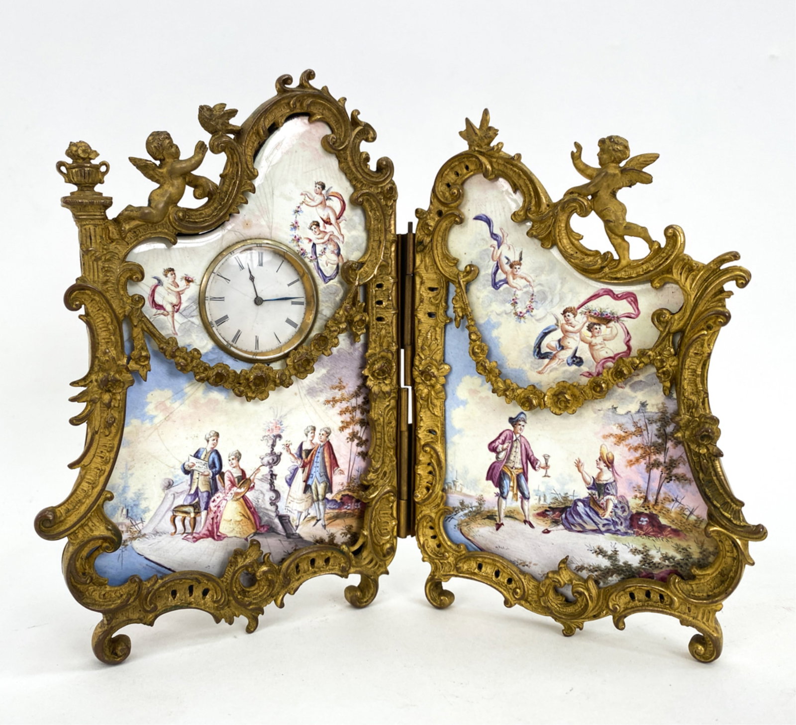 FRANZ HIESS GILT BRONZE ENAMEL TABLE SCREEN CLOCK (1 of 8)