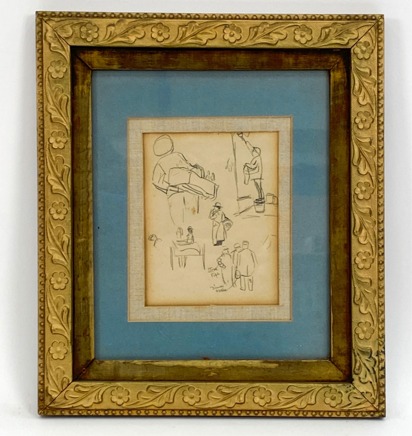 JOHN HABERLE (1855-1933) DRAWING: Pencil drawing of figures with notations. Kennedy Gallery's label verso. Dimensions: (Frame) H 14.75" x W 12.75" (Painting) H 6.5" x W 5" Condition: Paper with age toning. Hole at upper edge. Age toni