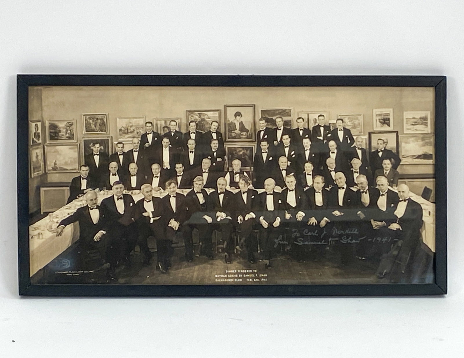 1941 SALMAGUNDI CLUB PHOTO: Dedicated and signed by Samuel T Shaw. Multiple artistic luminaries around table. Dimensions: (Frame) H 9.75" x W 19" Condition: Age toning to paper, few minor spots.