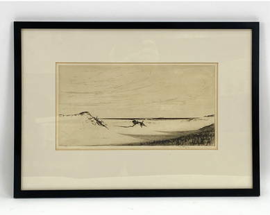 KERR EBY (1890-1946) ETCHING OF DUNES: Pencil signed lower right, unnumbered. Dimensions: (Frame) H 15" x W 21" (Sight) H 7.5" x W 14" Condition: Light age toning to paper and mat.