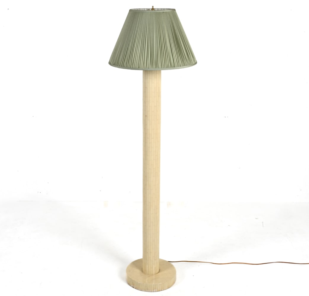 ATTR. ENRIQUE GARCEL TESSELLATED BONE FLOOR LAMP: Labeled Jimeco, Colombia underneath; design attributed to Enrique Garcel, c. 1970's-1980's. Dimension: (Including shade) H 62.50" x Dia. 18" Condition: Wiring not tested. Presents very well overall. M