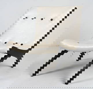 MID-CENTURY BLACK & WHITE VINYL SCOOP CHAIR: Attributed to Wieland Furniture; in the style of G. J. Van Os. Dimension: H 30" x W 24.25" x D 28" x SH 15.50" Condition: Wear consistent with age and use. R84