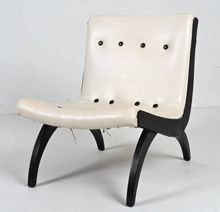 MID-CENTURY BLACK & WHITE VINYL SCOOP CHAIR: Attributed to Wieland Furniture; in the style of G. J. Van Os. Dimension: H 30" x W 24.25" x D 28" x SH 15.50" Condition: Wear consistent with age and use. R84