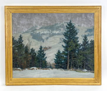 HORACE BROWN (1876-1949) WINTER LANDSCAPE O/C: Large winter landscape, signed lower right. Exhibition label verso with title November Snow. In a large restored Newcomb Macklin frame. Dimensions: (Frame) H 28.25" x W 46" (Sight) H 32" x W 40"