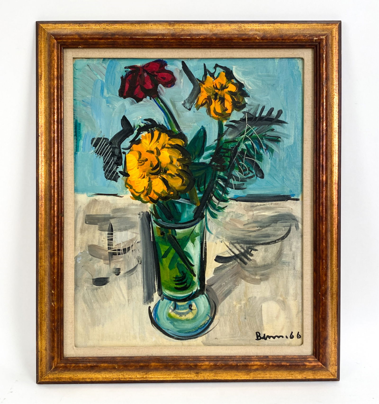 BEN BENN (1885-1983) STILL LIFE O/C: Modernist still life. Signed, dated 66 lower right. Dimensions: (Frame) H 24.5" x W 20.75" (Canvas) H 20.5" x W 16.5" Condition: Uneven varnish. Some yellowing of varnish. Some toning to liner. Rubbin