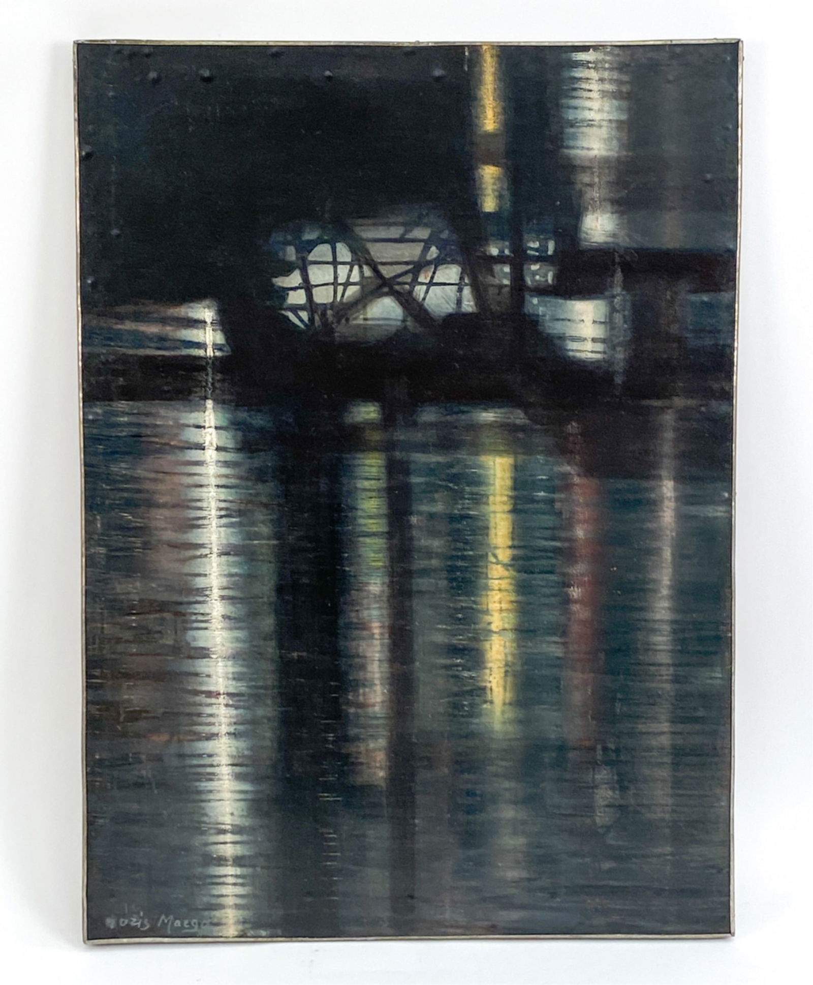BORIS MARGO (1902-1995) OIL ON CANVAS: Canvas laid down on masonite abstracted river view at night, signed lower left. With artist attached thin metal artist strip. Remains of Betty Parson Gallery label, NYC. Dimensions: (Overall) H 30.25"