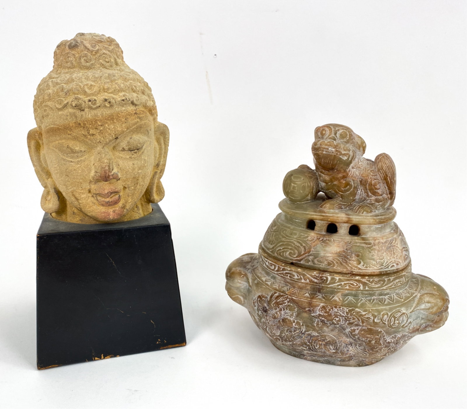 (2) ASIAN CARVINGS STONE HEAD, SOAPSTONE VESSEL (1 of 17)