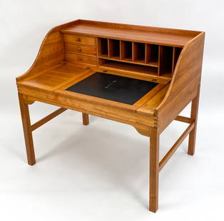 ANDREAS HANSEN FOR HADSTEN CHERRY WRITING DESK: Exquisite Danish Modern writing desk in solid cherry wood, featuring craftsman-inspired box joinery, a leather-inset writing surface, and a removable divided storage compartment. Designed by Andreas H