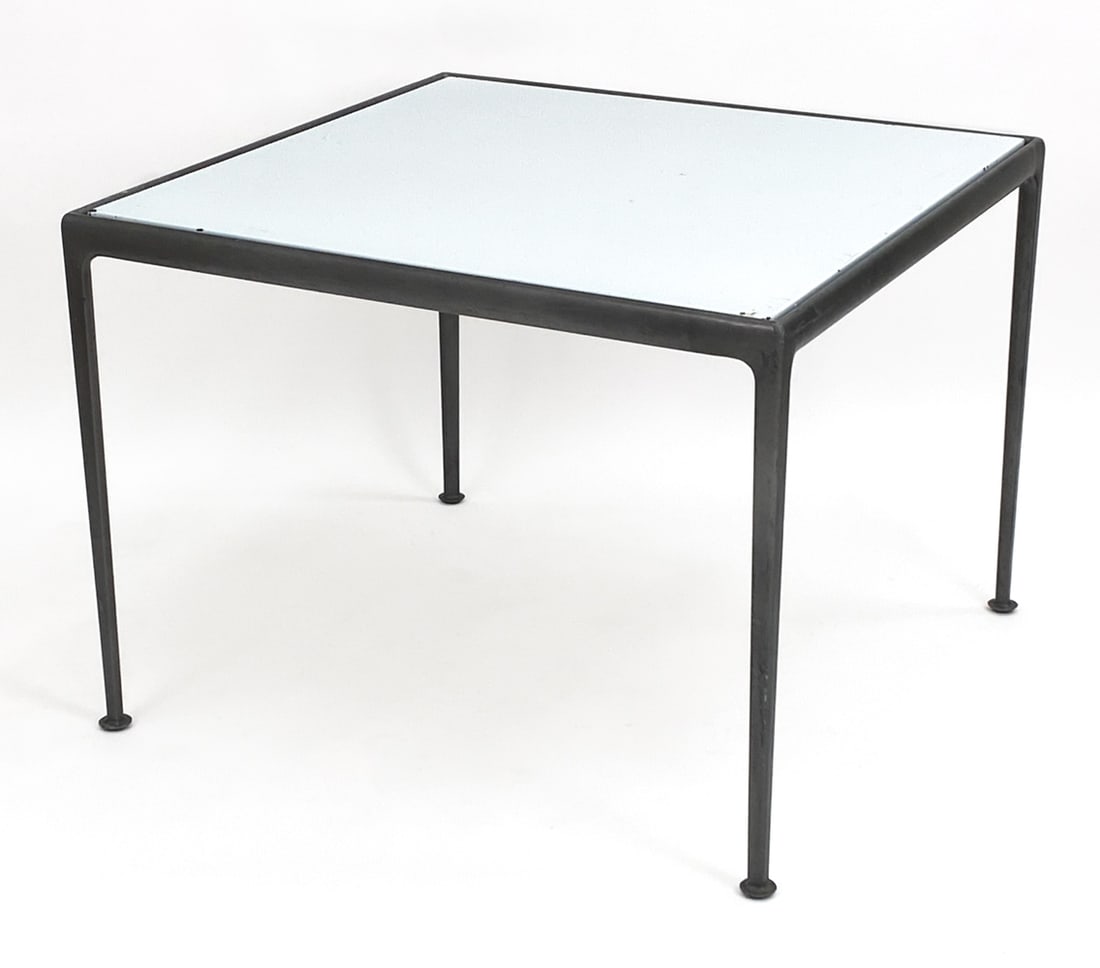 RICHARD SCHULTZ KNOLL DINING TABLE: Outdoor table designed by Richard Schultz for Knoll in 1966. Porcelain enamel top on powder coated aluminum and steel frame. Dimensions: H 28.5" x W 38" x D 38" Condition: Wear to top, scratches to fr