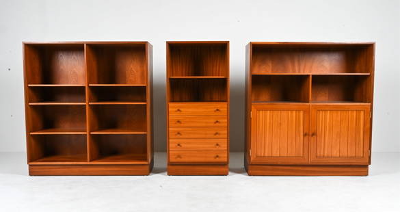 (3) ATTR. THYGESEN & SORENSEN MAHOGANY BOOKCASES: Set of (3) modular cabinets in luxurious mahogany, produced by Hansen & Guldborg (HG) of Denmark. Design attributed to Rud Thygesen and Johnny Sorensen, c. 1970's. Stamped "HG / Made in Denmark" on ba