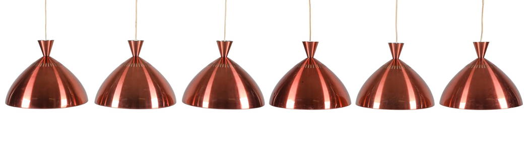 (6) SOREN SOGAARD COPPERTONE PENDANT LIGHTS: A rare opportunity to acquire (6) matching pendant lights from the Scandinavian Modern era. Produced by Soren Sogaard, in the manner of Jo Hammerborg; c. Late 20th Century. Dimensions: H 11.5" x Dia.