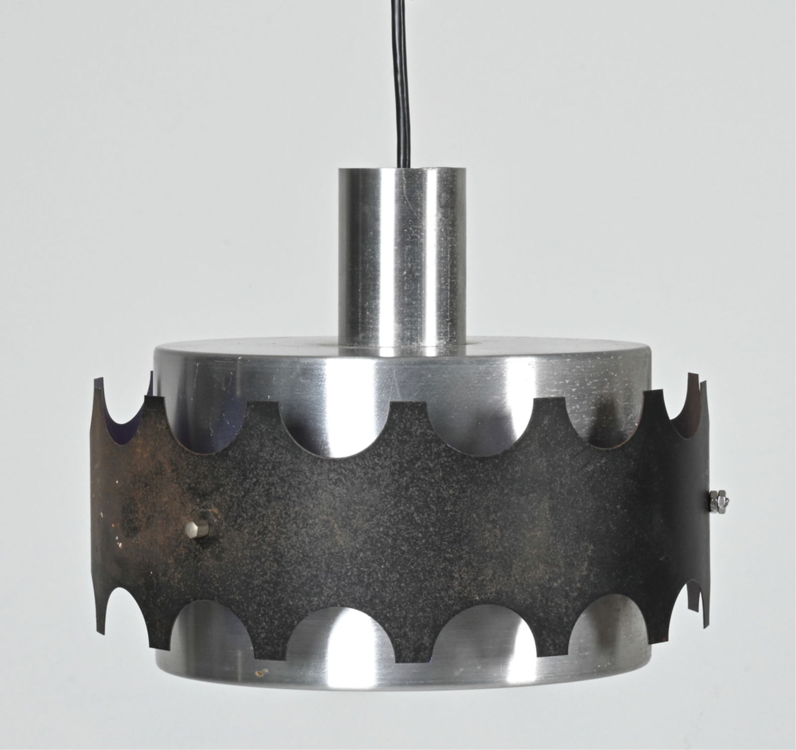 GERMAN SPACE AGE PENDANT, STYLE OF HAMMERBORG: Brushed silvertone metal with scalloped exterior shade finished in matte black enamel. Apparently unsigned; in the manner of Jo Hammerborg for Fog & Morup, 1970's. Dimensions: H 9" x Dia. 10.5" Condit