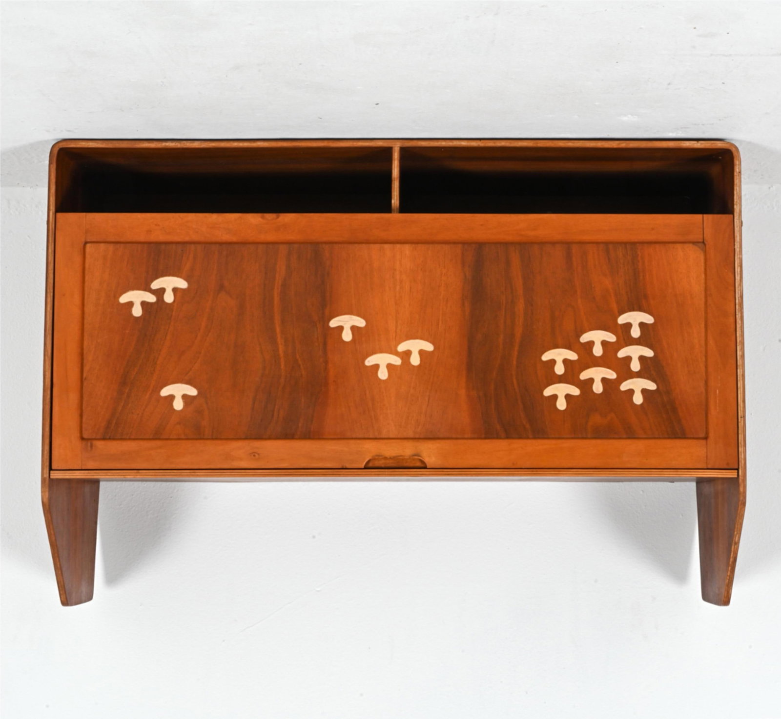 MID-CENTURY ROSEWOOD CABINET W/ BESPOKE DECORATION: Petite drop-front cabinet in bent plywood and rosewood veneer, with hand-routed and painted decoration on the front panel. Dimensions: H 20.75" x W 30.5" x D 11.75" Condition: Presents well overall. W