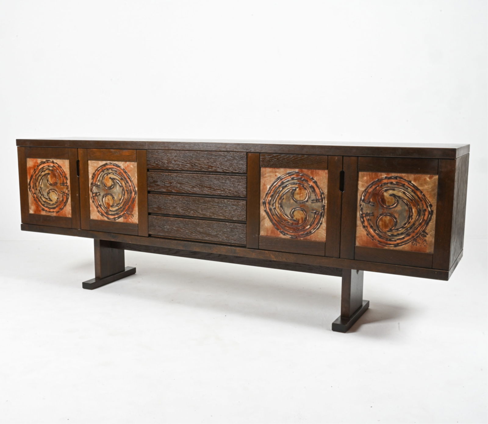 DANISH SKOVBY OAK SIDEBOARD W/ OX ART TILES: Danish Modern sideboard in dark stained oak by Skovby, the front inset with one-of-a-kind studio ceramic tiles by Ox Art. Signed and dated '77 in lower right-facing corner of right tile. Dimensions: H