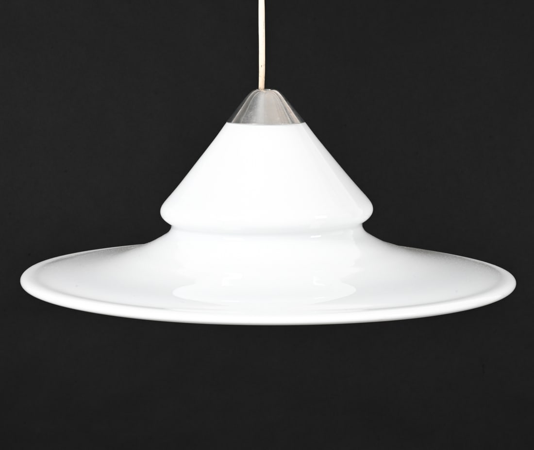 TORBEN JORGENSEN HOLMEGAARD "OPUS" GLASS PENDANT: Danish Modern model "Opus" pendant light in white cased glass, designed by Torben Jorgensen for Royal Copenhagen and Holmegaard, c. 1980's. With original foil label. Dimensions: H 7" x Dia. 17.5" Cond