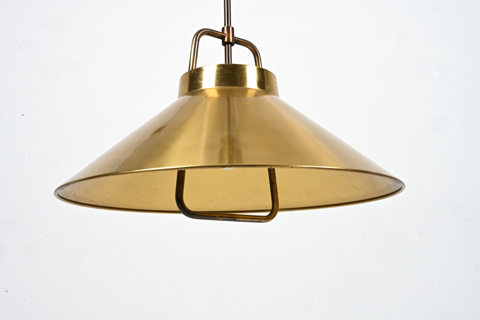 FRITZ SCHLEGEL FOR LYFA RISE & FALL PENDANT: Model P295 pull-down pendant light in goldtone metal, designed by Fritz Schlegel for Lyfa, Denmark, c. 1960's. Dimensions: (Pendant only) H 12.4" x Dia. 17.25" Condition: Wiring not tested. Rise and f