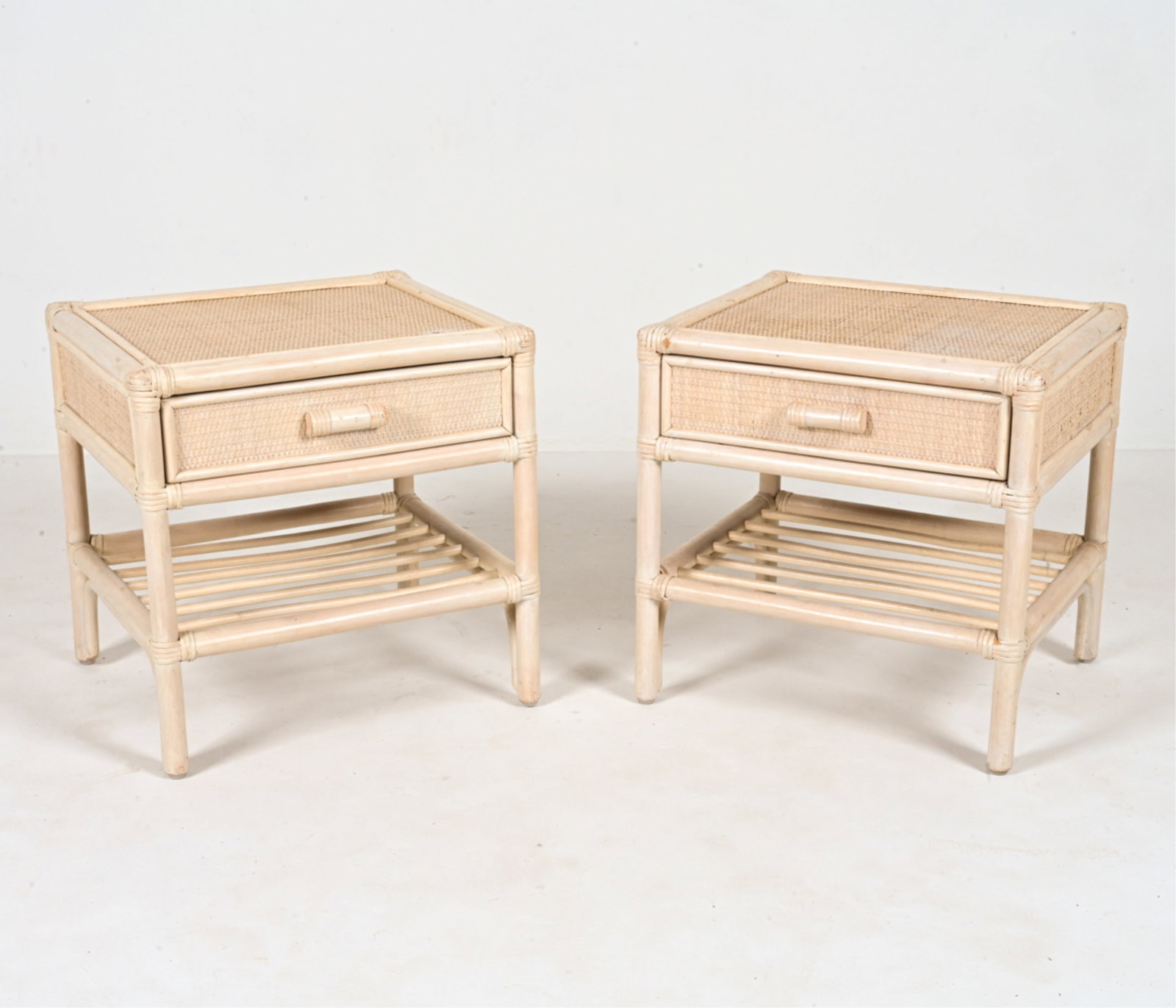 PAIR STUBERT DANISH WHITEWASHED RATTAN END TABLES (1 of 20)