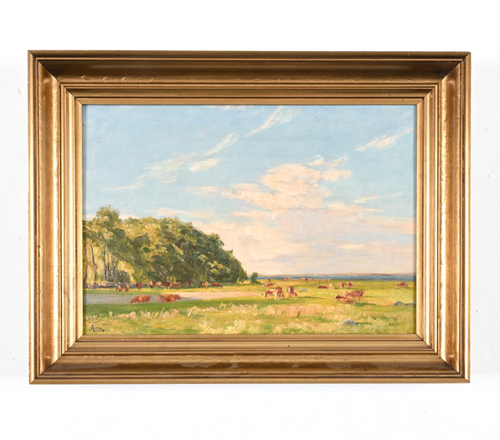 AKSEL MARTIN LASSEN, DANISH (1869-1946) O/C: Pastoral landscape with cows grazing. Initialed A and dated 1941 lower left, inscribed on stretcher verso with indistinct title "D_", the year 1941, and the artist's full name. Dimensions: (Frame) H 1