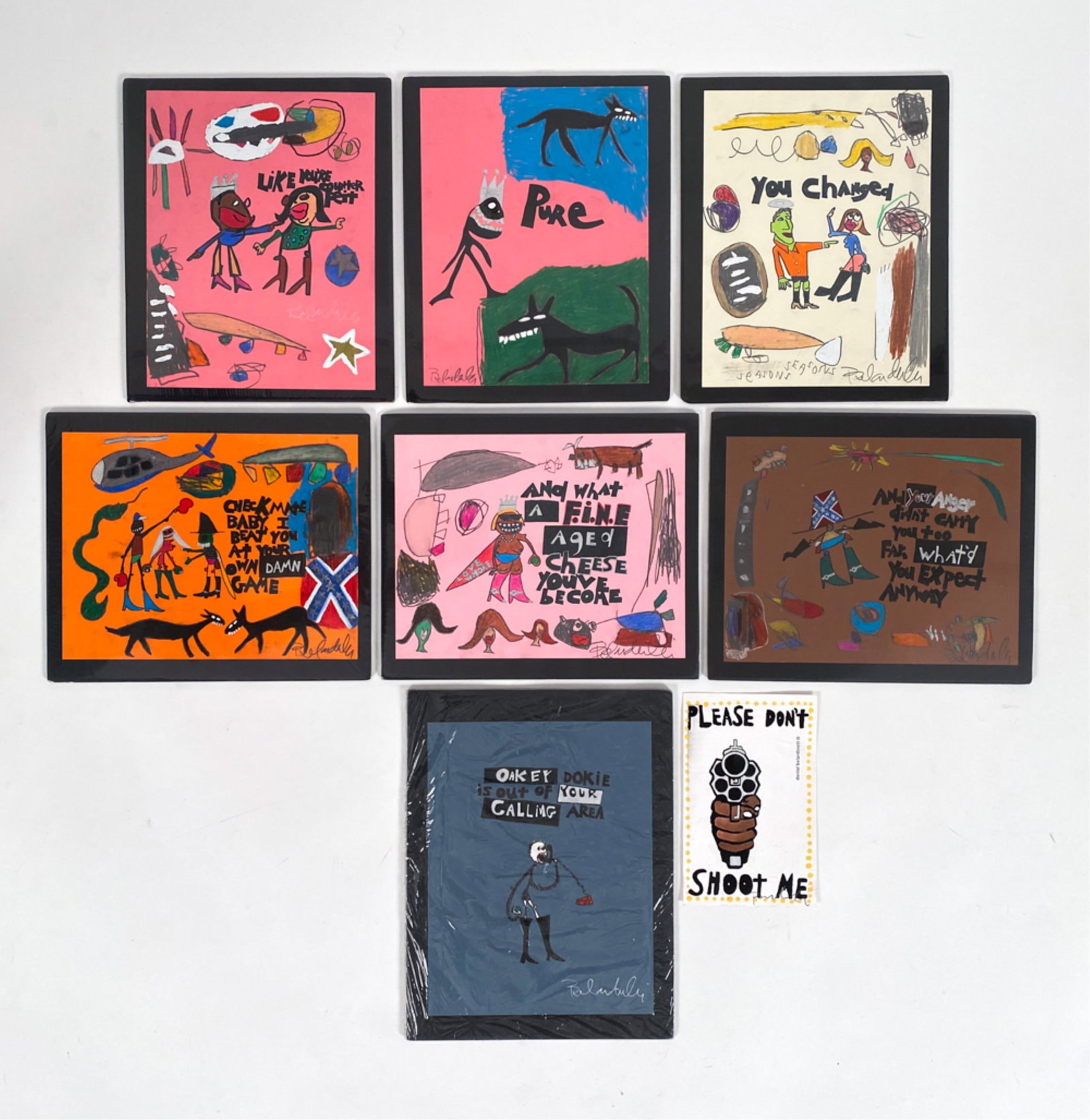 (8) DANIEL BELARDINELLI (20TH C.) MIXED MEDIA: Ink, watercolor, etc. Variety of subjects, with writing. All appear to be signed. Shrink-wrapped, with black backing. Dimensions: (Largest backing) H 13" x W 10" Condition: All appear clean under plas