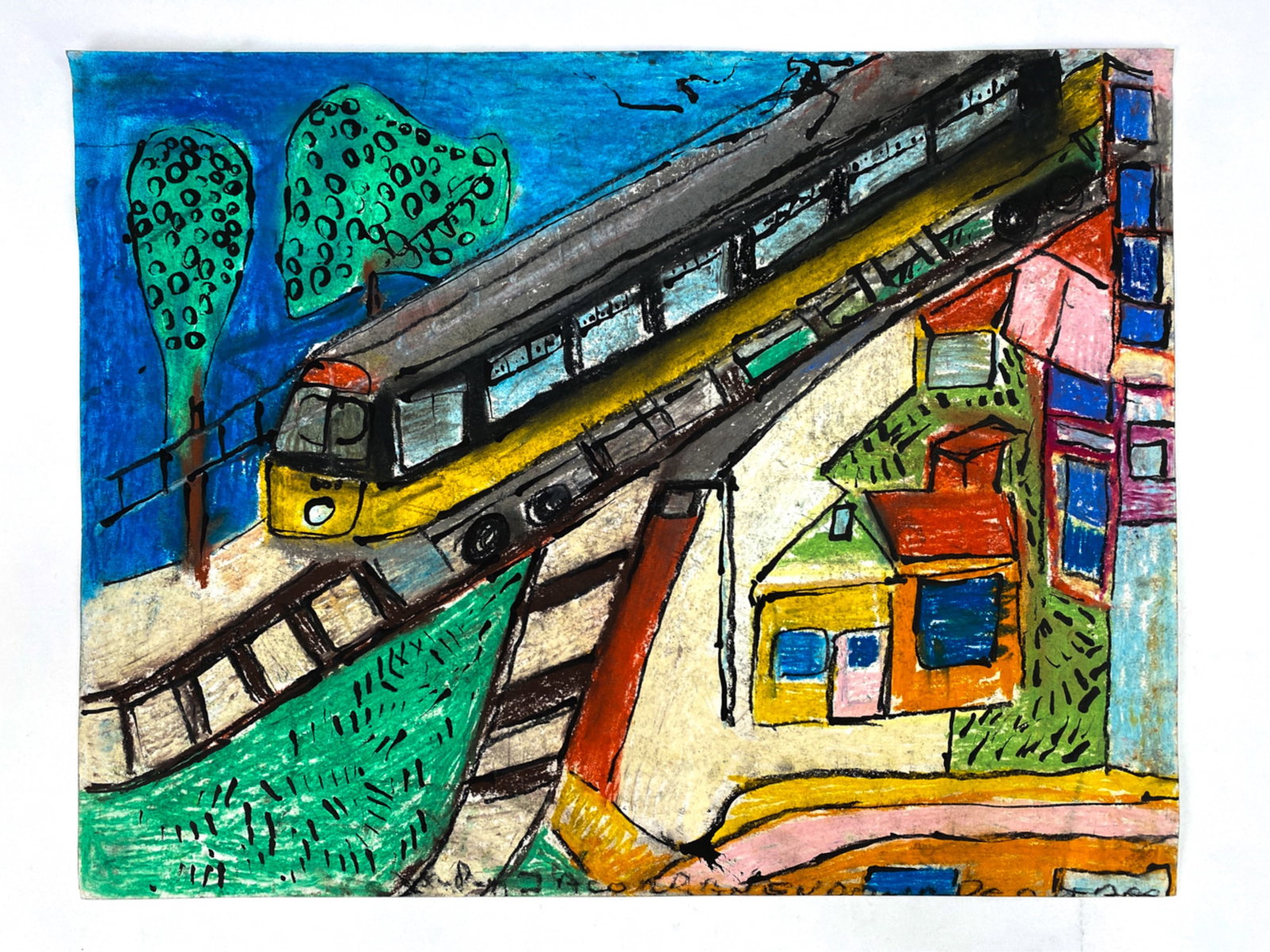 JACO KRANENDONK, NETHERLANDS (B. 1951) MIXED MEDIA: Mixed media. Transportation oriented with train. Signed, inscribed along lower edge. Appears to be pastel, oil pastel, and ink. Dimensions: (Paper) H 19.75" x W 25.5" Condition: Some handling marks an